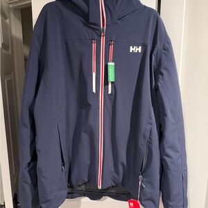New w tags Helly Hansen ALPHA LIFALOFT Navy Jacket with Red and White Accents
